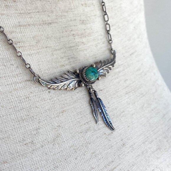 VTG Sterling Silver 925 H. Spencer Navajo Turquoise Leaf Feather Necklace 20.5" - Picture 12 of 16